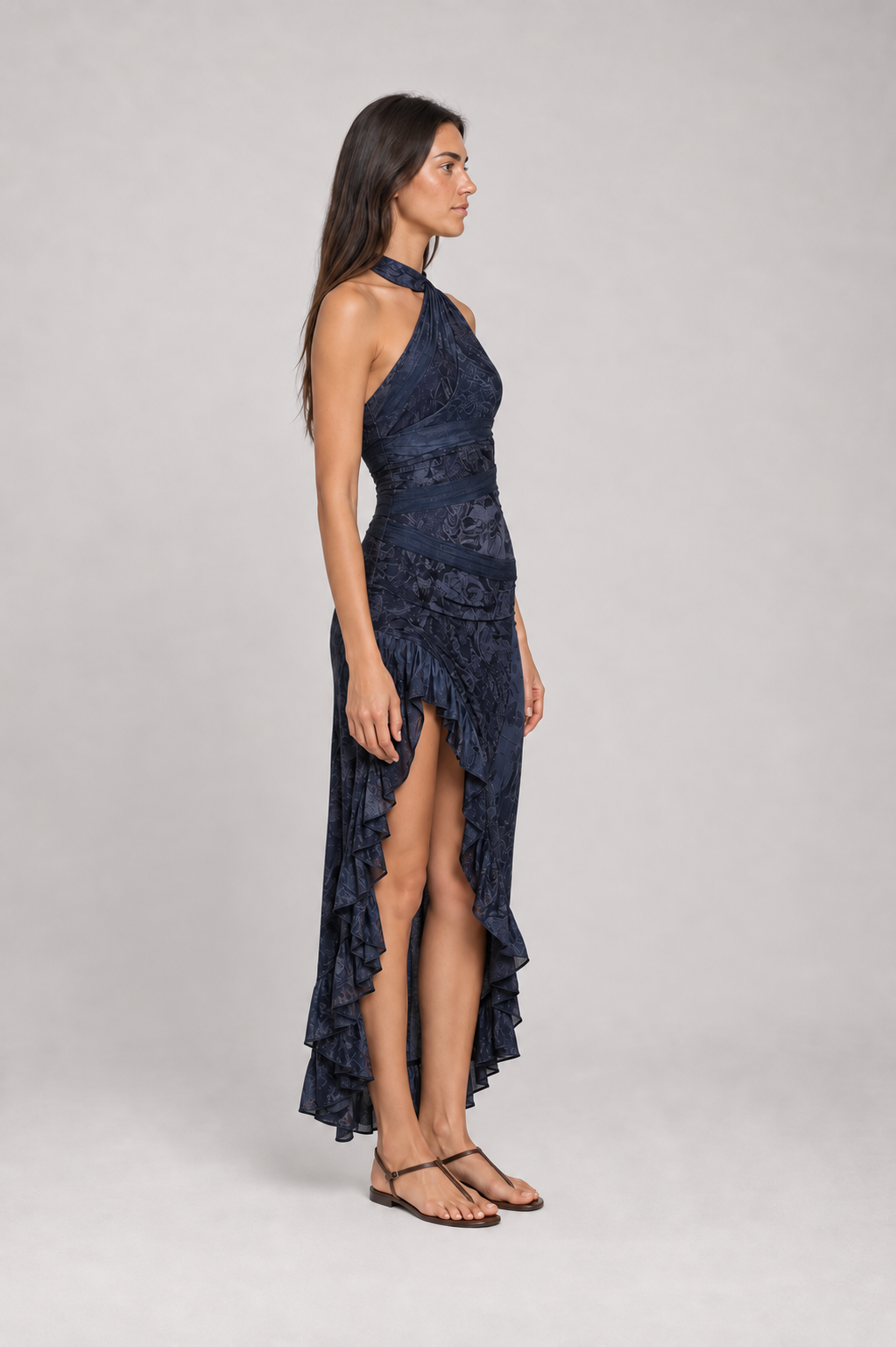 Vestido Longo Estampado de Um Ombro Só com Fenda – Catarina