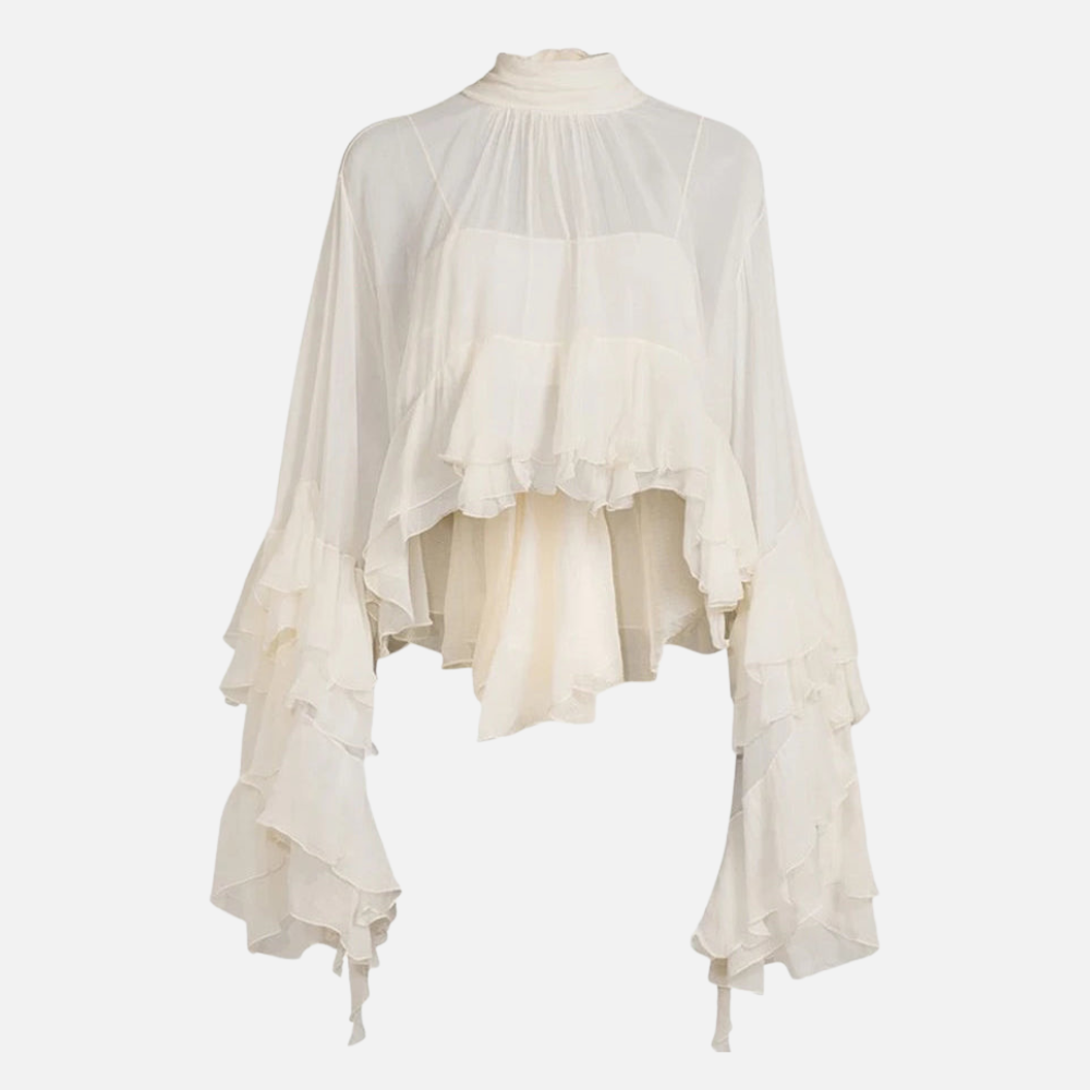 Blusa Feminina Transparente Gola Alta com Mangas Cascata de Babados – Luísa