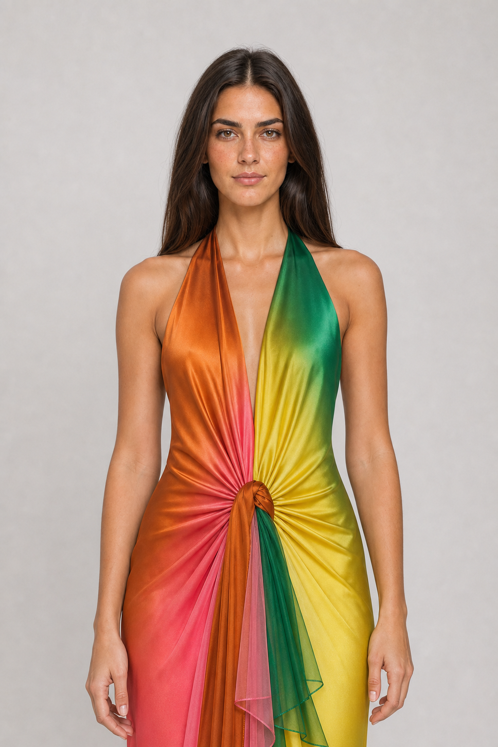 Vestido Longo de Cetim Ombré Multicolor com Gola Halter – Bianca