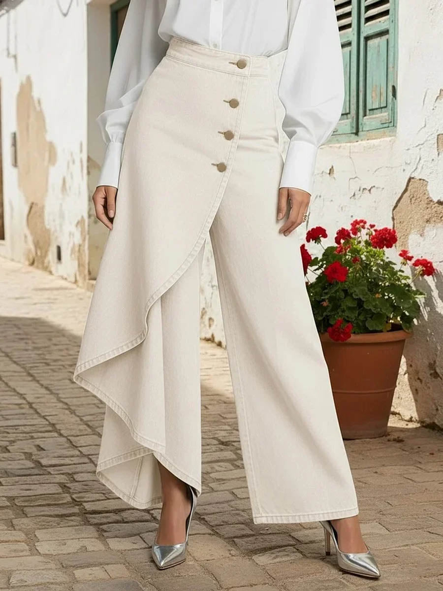 Calça Jeans Pantalona Feminina com Sobressaia Assimétrica e Botões – Alexandra