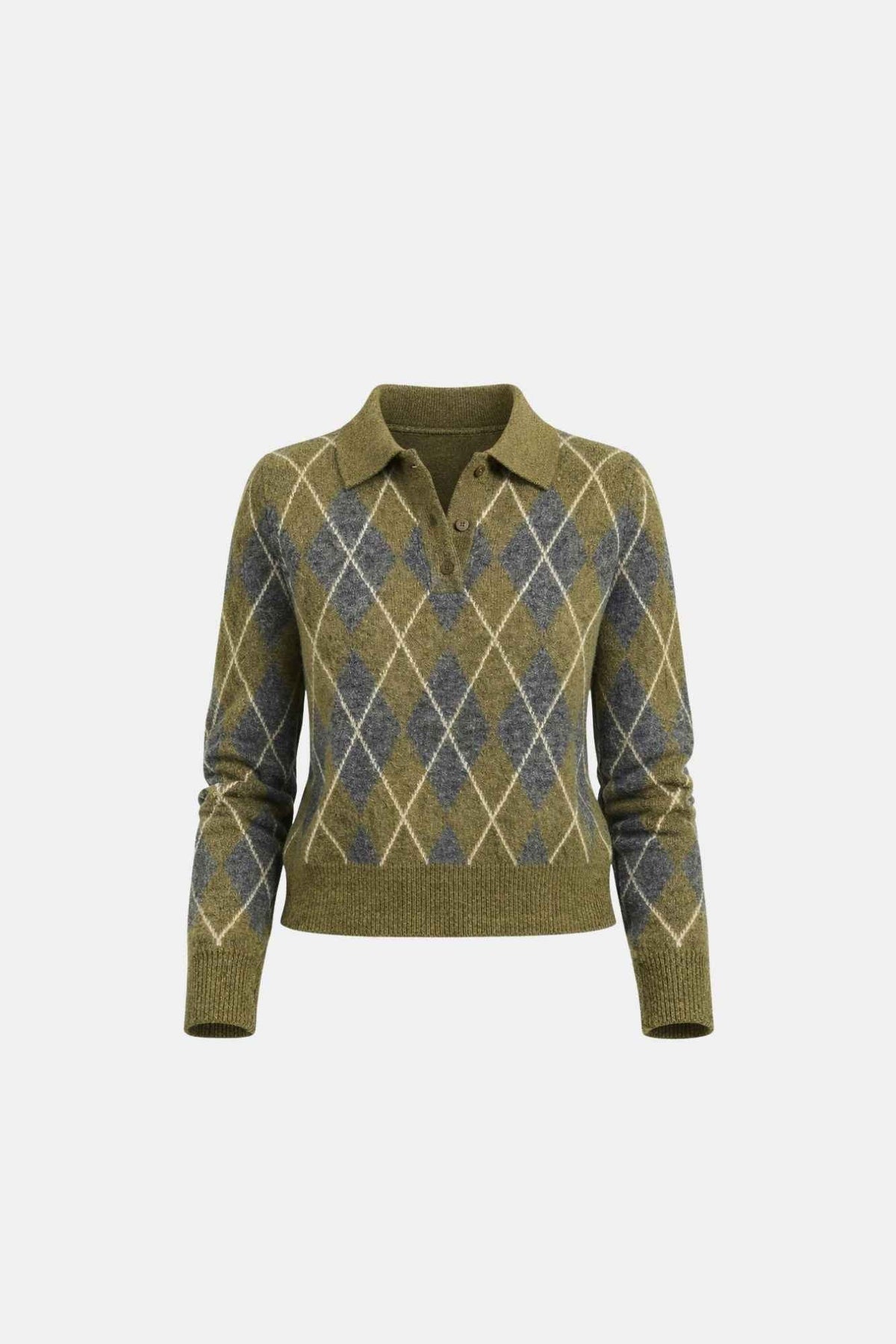 Suéter Feminino de Tricô Gola Polo com Estampa Xadrez Argyle – Paula