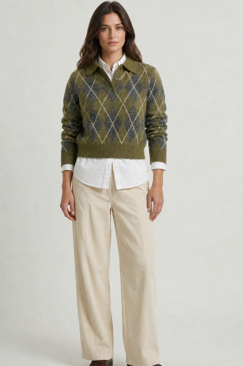 Suéter Feminino de Tricô Gola Polo com Estampa Xadrez Argyle – Paula
