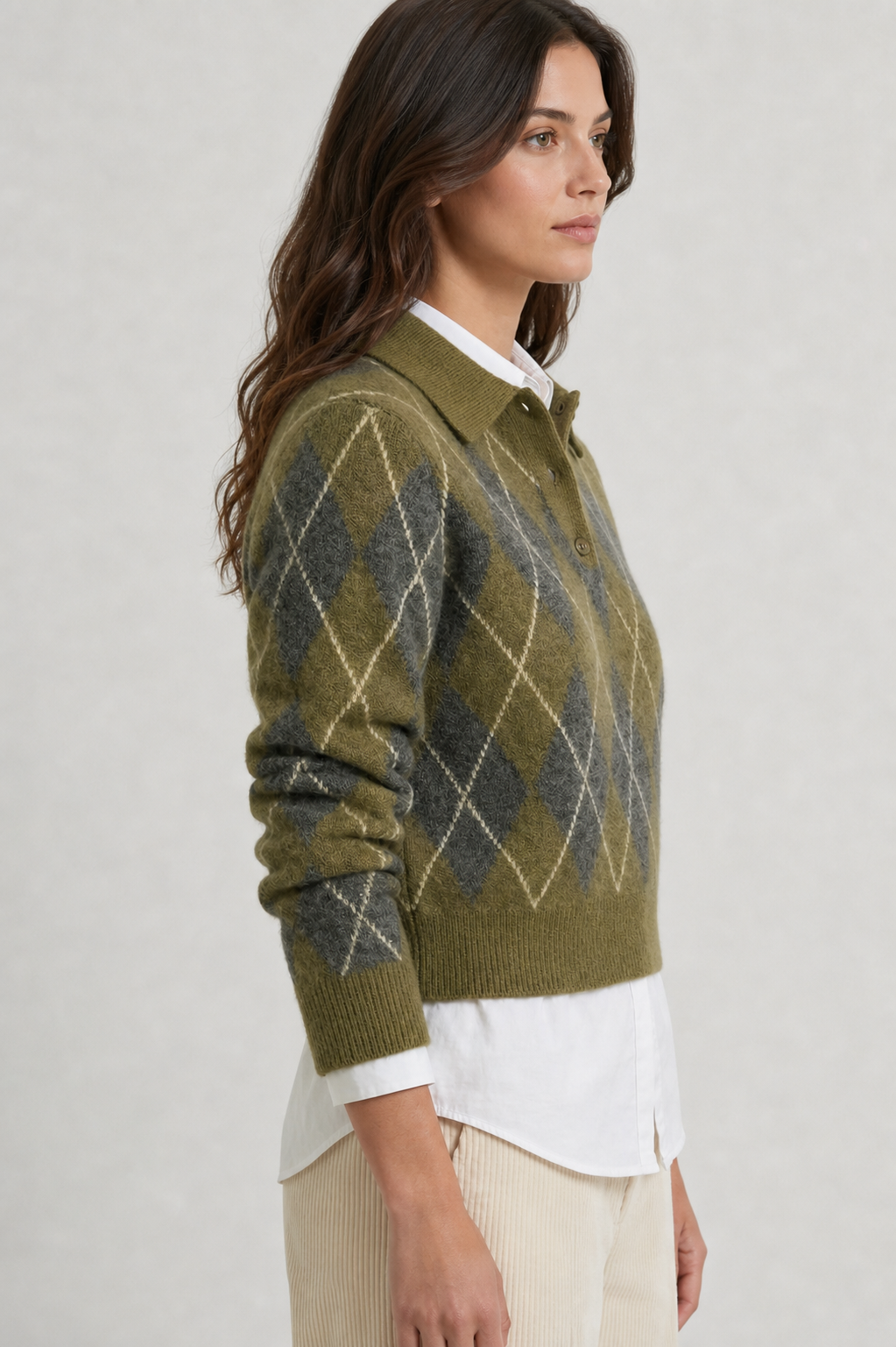 Suéter Feminino de Tricô Gola Polo com Estampa Xadrez Argyle – Paula