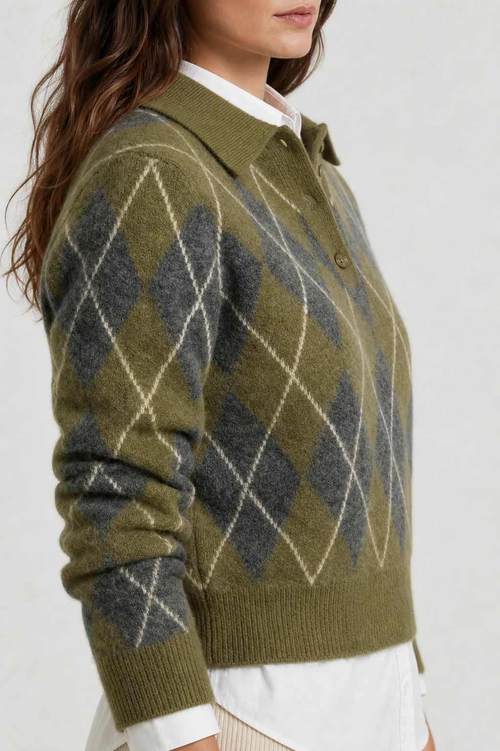 Suéter Feminino de Tricô Gola Polo com Estampa Xadrez Argyle – Paula
