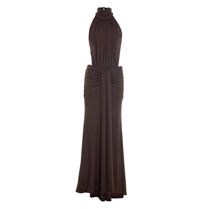 Vestido Longo de Festa Gola Alta com Costas Nuas e Plissado – Emília