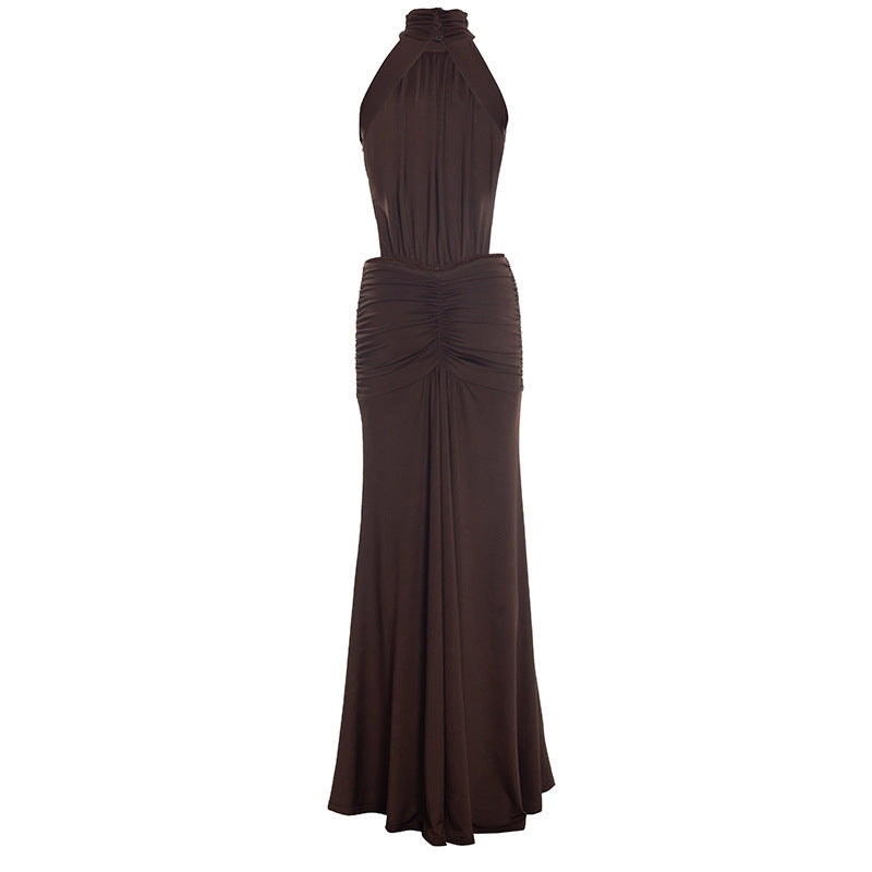 Vestido Longo de Festa Gola Alta com Costas Nuas e Plissado – Emília