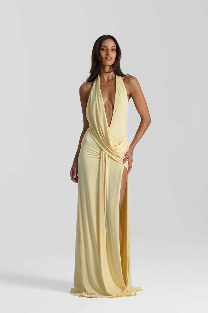 Vestido Longo de Festa Frente Única com Decote Profundo e Fenda – Ester