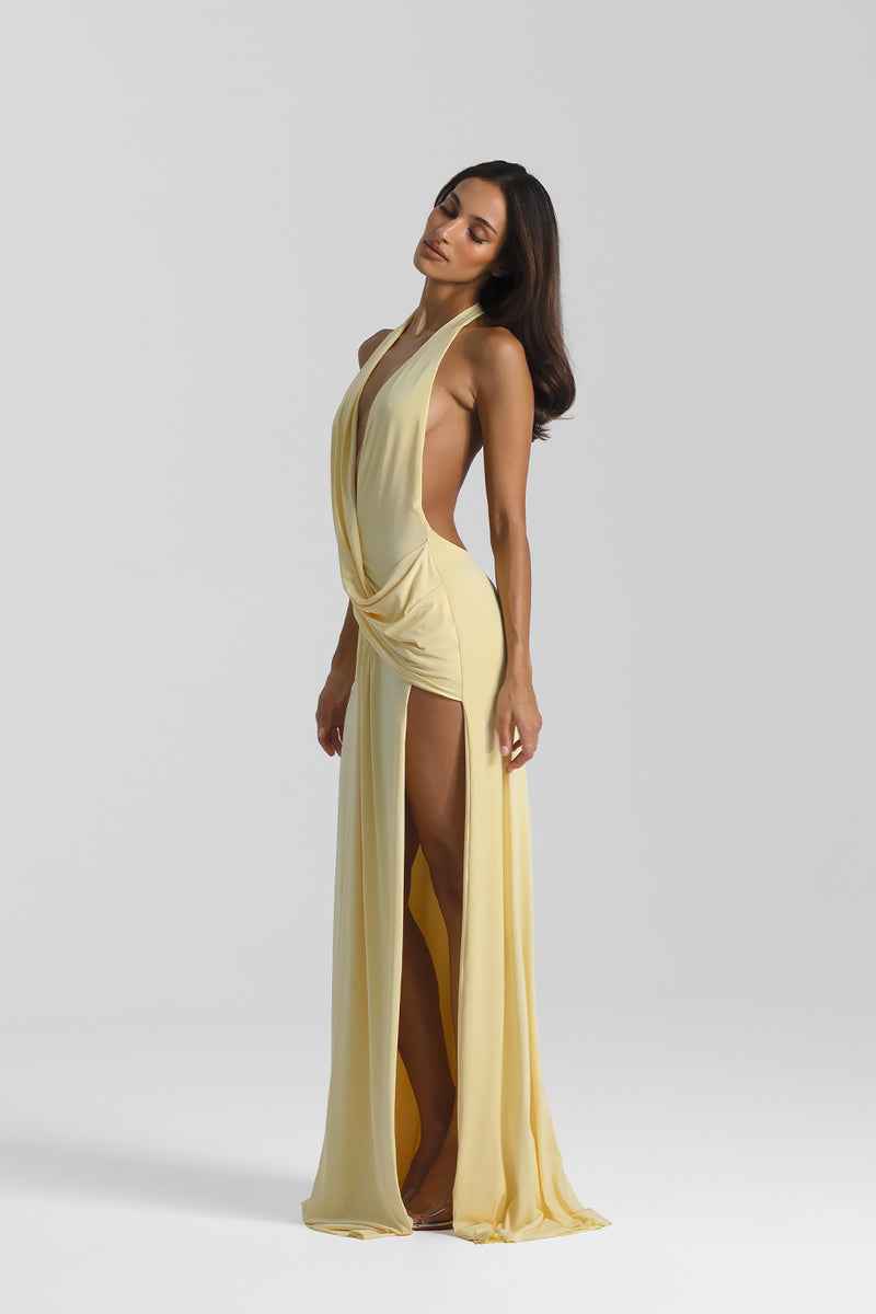 Vestido Longo de Festa Frente Única com Decote Profundo e Fenda – Ester