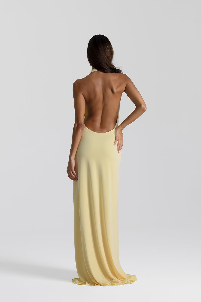 Vestido Longo de Festa Frente Única com Decote Profundo e Fenda – Ester
