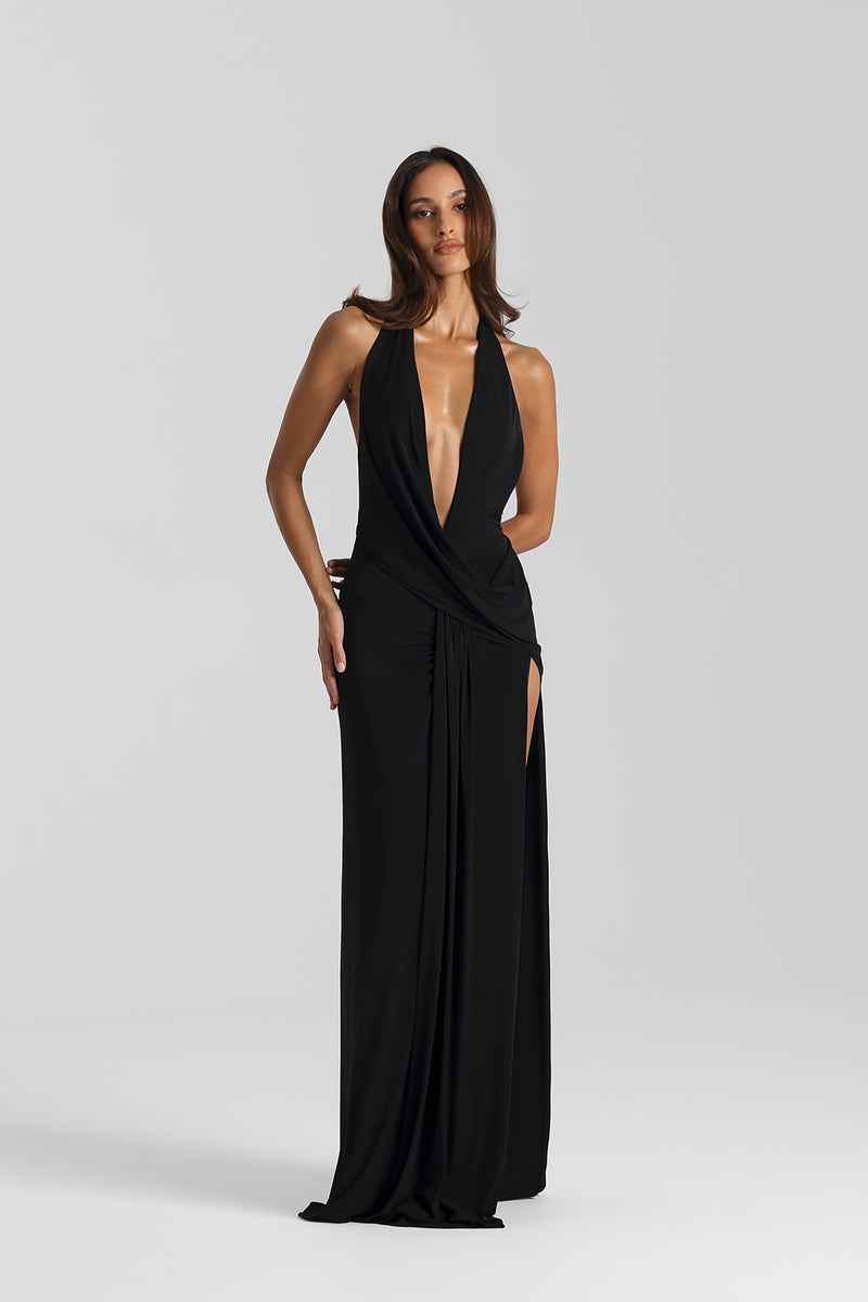 Vestido Longo de Festa Frente Única com Decote Profundo e Fenda – Ester
