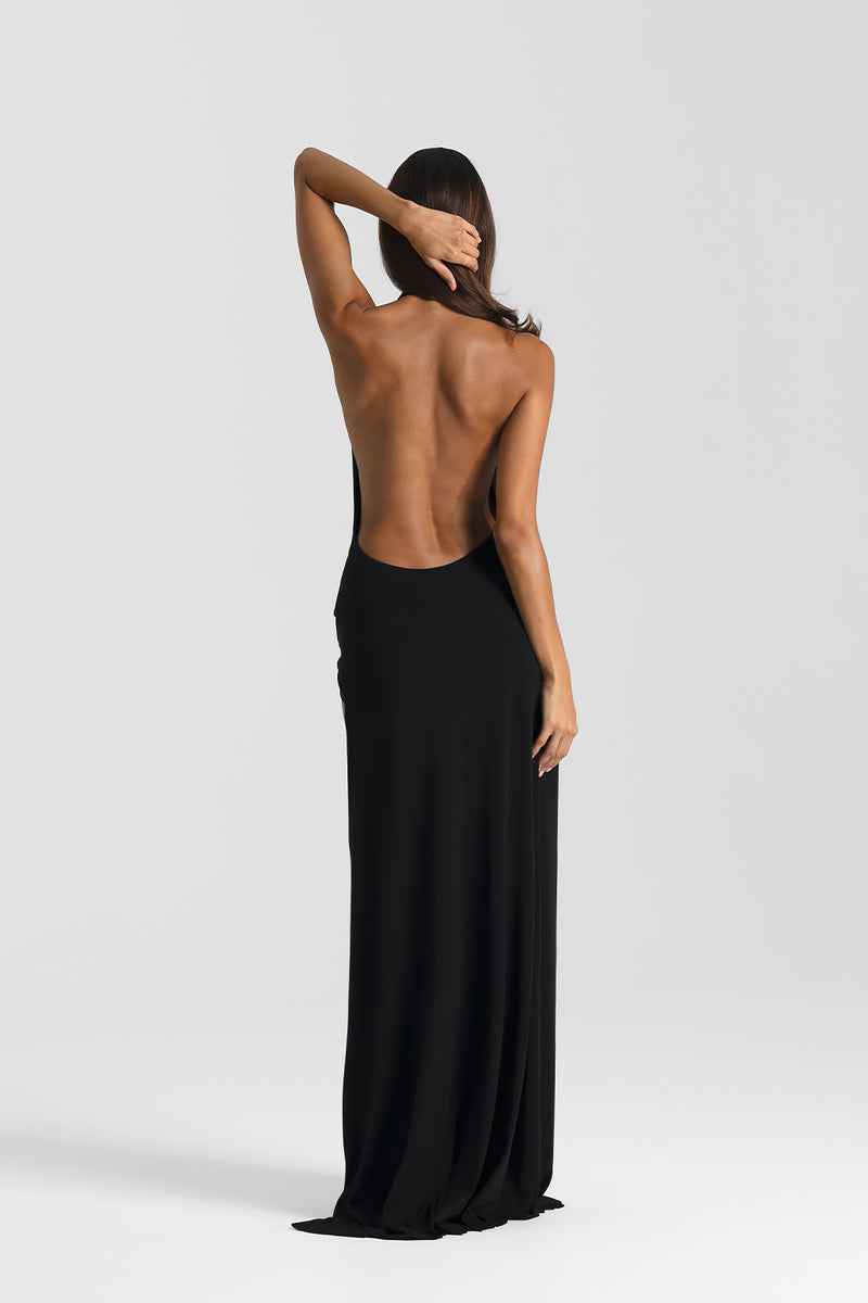 Vestido Longo de Festa Frente Única com Decote Profundo e Fenda – Ester