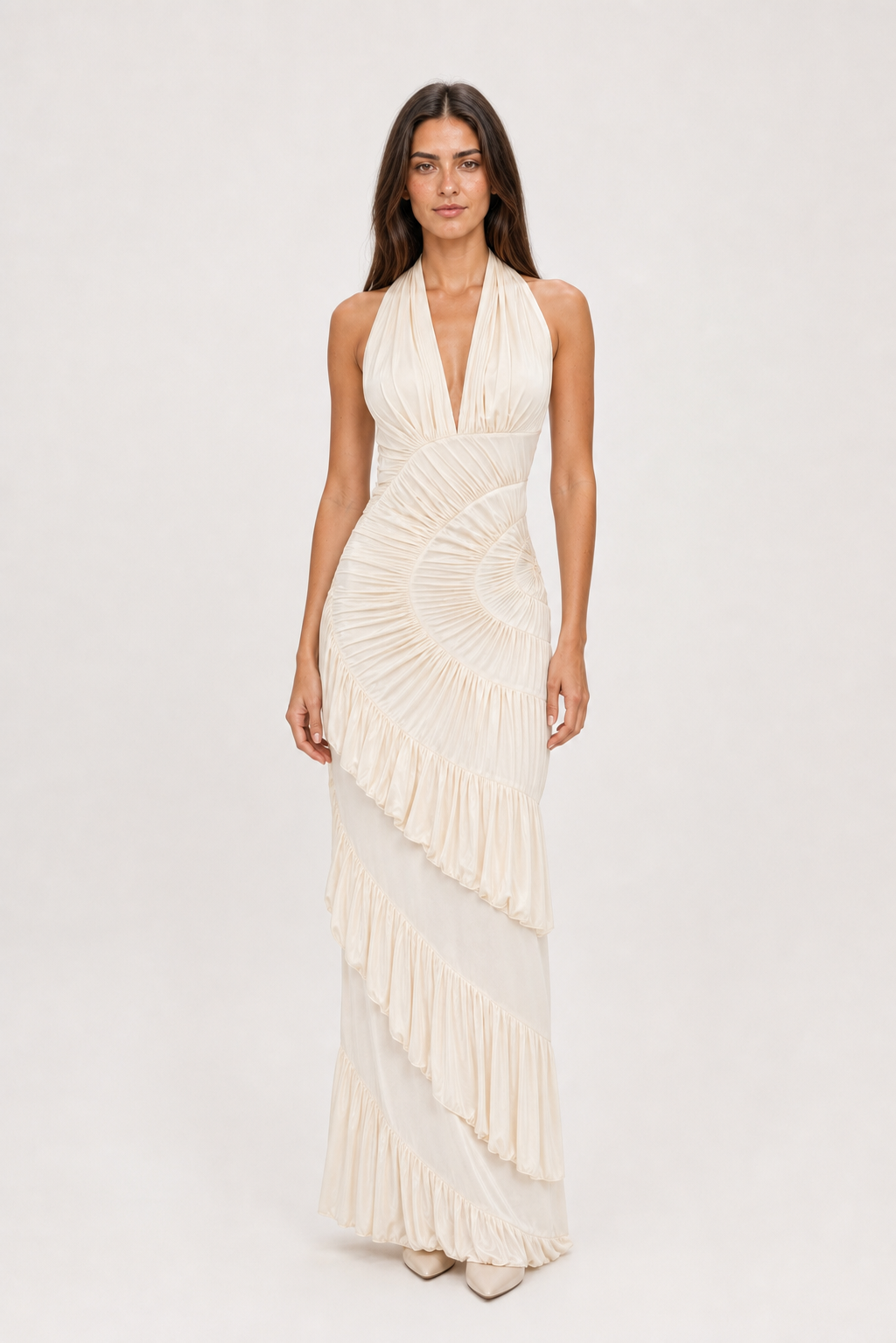 Vestido Longo de Festa Drapeado com Gola Halter e Costas Abertas – Rafaela