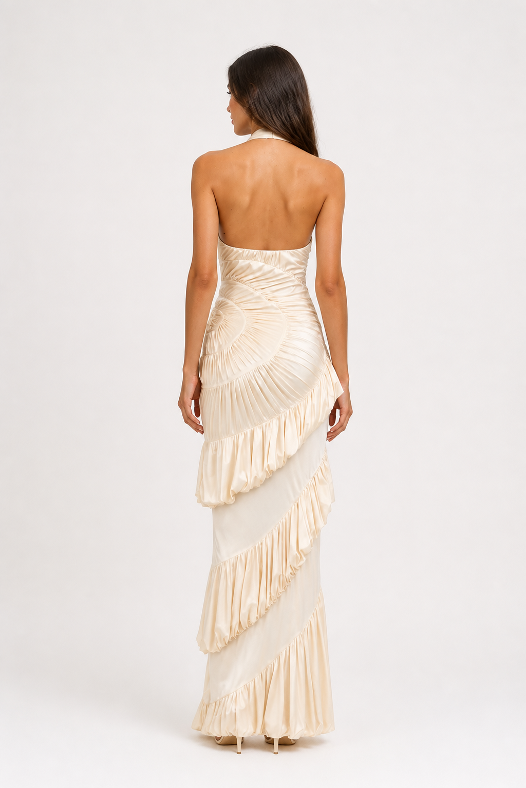 Vestido Longo de Festa Drapeado com Gola Halter e Costas Abertas – Rafaela