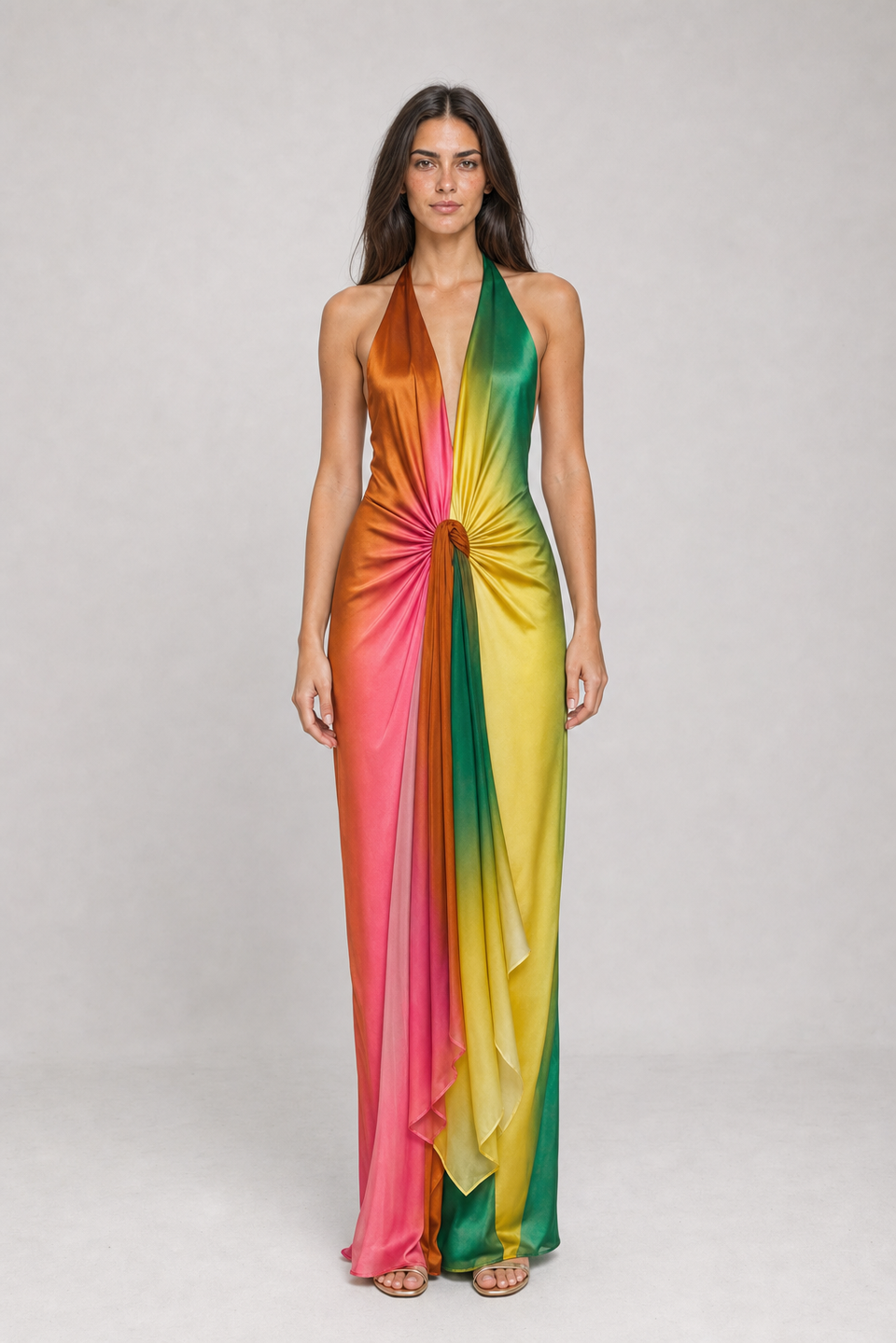 Vestido Longo de Cetim Ombré Multicolor com Gola Halter – Bianca