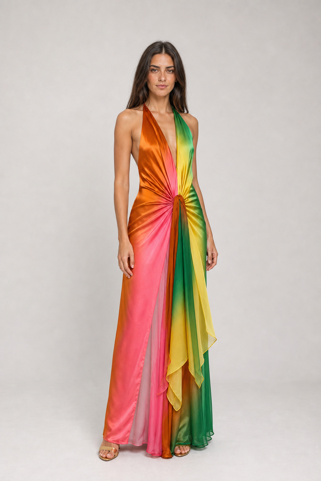 Vestido Longo de Cetim Ombré Multicolor com Gola Halter – Bianca