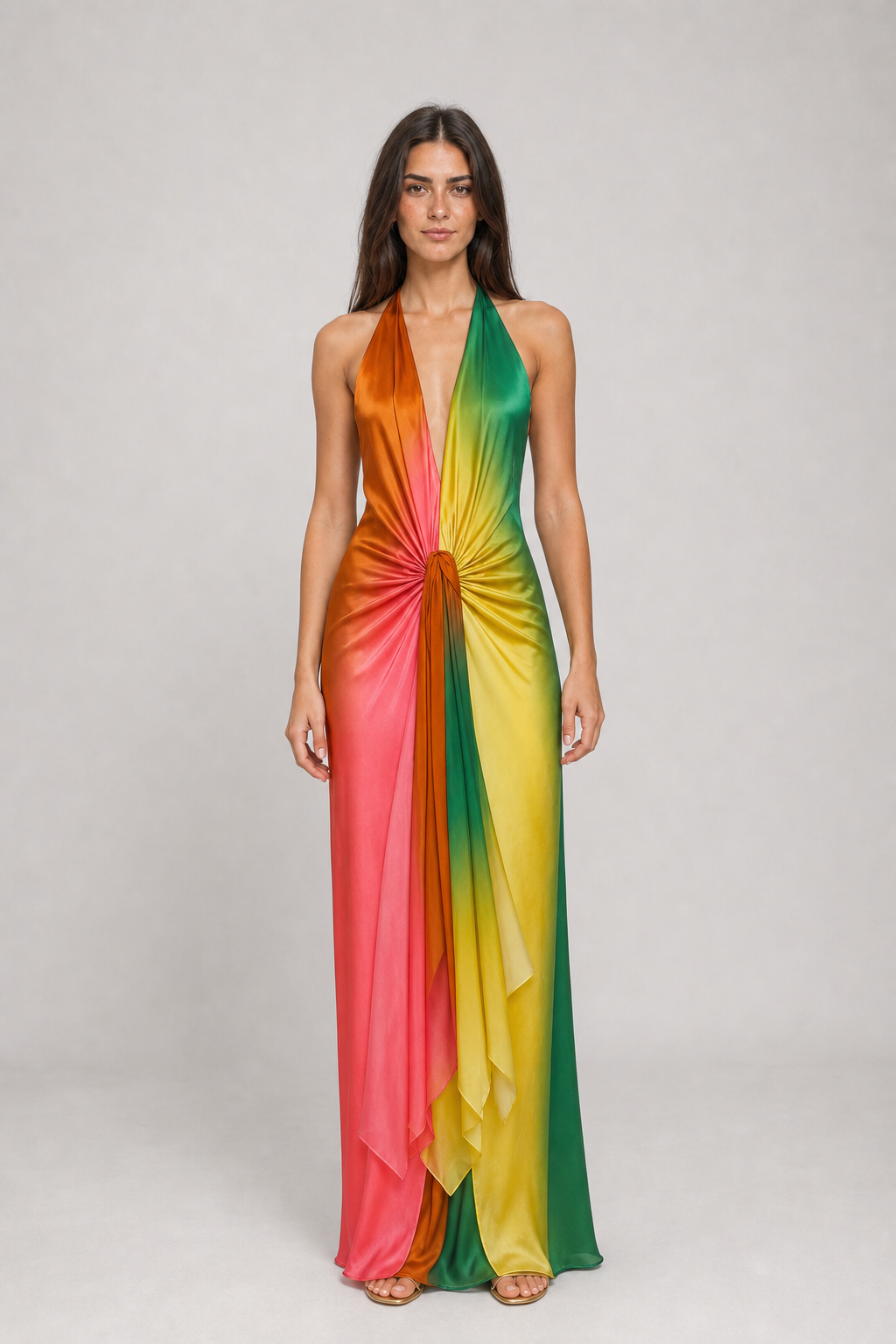 Vestido Longo de Cetim Ombré Multicolor com Gola Halter – Bianca